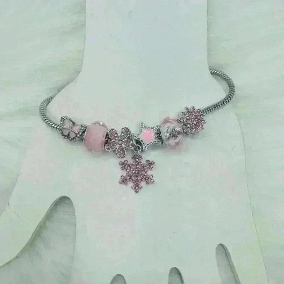 Pink Snowflake & Charms Bracelet with Sparkling Rhinestones - Picture 2 of 6